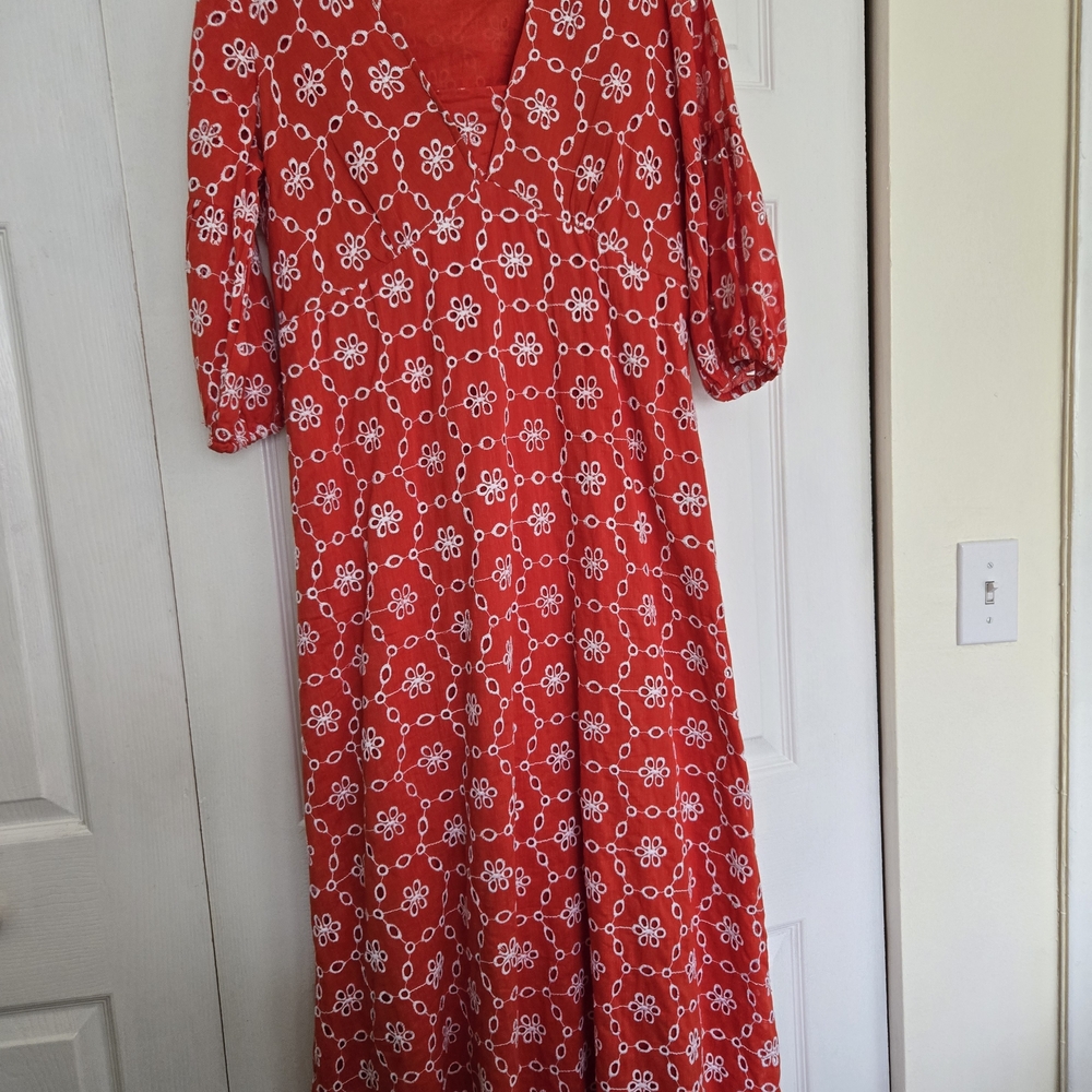 Vibrant Orange Red V-Neck Puff Sleeve Sundress
